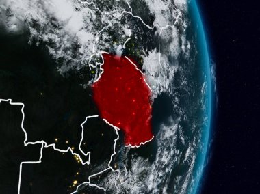 Tanzanya Planet Earth görünür ülke sınırları ile gece uzaydan. 3D çizim. Nasa tarafından döşenmiş bu görüntü unsurları.