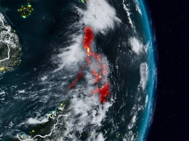 Planet Earth görünür ülke sınırları ile gece uzaydan Türkiye. 3D çizim. Nasa tarafından döşenmiş bu görüntü unsurları.