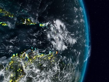 Karayipler Planet Earth görünür ülke sınırları ile gece uzaydan. 3D çizim. Nasa tarafından döşenmiş bu görüntü unsurları.