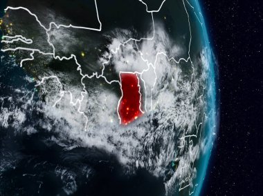 Gana Planet Earth görünür ülke sınırları ile gece uzaydan. 3D çizim. Nasa tarafından döşenmiş bu görüntü unsurları.