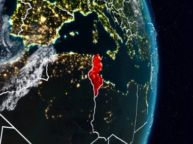 Tunus Planet Earth görünür ülke sınırları ile gece uzaydan. 3D çizim. Nasa tarafından döşenmiş bu görüntü unsurları.