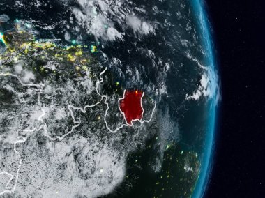 Surinam Planet Earth görünür ülke sınırları ile gece uzaydan. 3D çizim. Nasa tarafından döşenmiş bu görüntü unsurları.