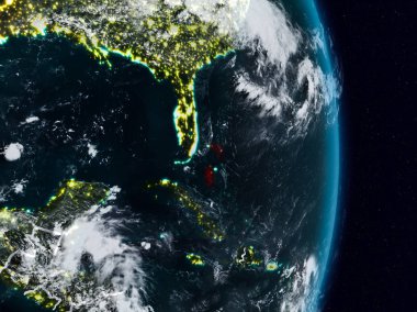 Bahamalar Planet Earth görünür ülke sınırları ile gece uzaydan. 3D çizim. Nasa tarafından döşenmiş bu görüntü unsurları.