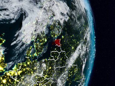 Estonya Planet Earth görünür ülke sınırları ile gece uzaydan. 3D çizim. Nasa tarafından döşenmiş bu görüntü unsurları.