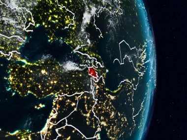 Ermenistan Planet Earth görünür ülke sınırları ile gece uzaydan. 3D çizim. Nasa tarafından döşenmiş bu görüntü unsurları.