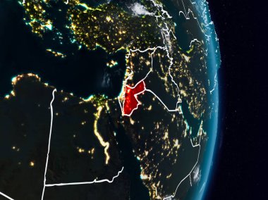 Jordan Planet Earth görünür ülke sınırları ile gece uzaydan. 3D çizim. Nasa tarafından döşenmiş bu görüntü unsurları.
