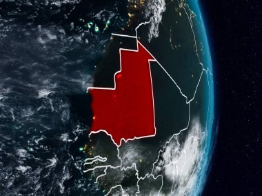 Moritanya Planet Earth görünür ülke sınırları ile gece uzaydan. 3D çizim. Nasa tarafından döşenmiş bu görüntü unsurları.