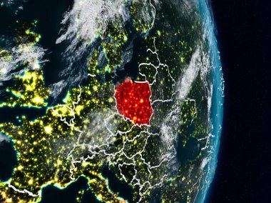 Polonya Planet Earth görünür ülke sınırları ile gece uzaydan. 3D çizim. Nasa tarafından döşenmiş bu görüntü unsurları.