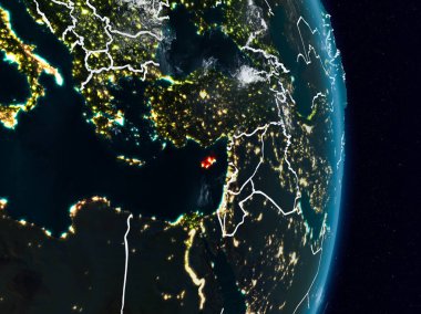 Kıbrıs Planet Earth görünür ülke sınırları ile gece uzaydan. 3D çizim. Nasa tarafından döşenmiş bu görüntü unsurları.