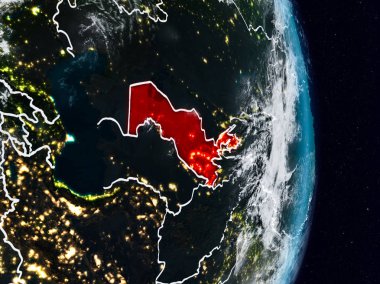 Özbekistan Planet Earth görünür ülke sınırları ile gece uzaydan. 3D çizim. Nasa tarafından döşenmiş bu görüntü unsurları.