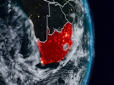 Güney Afrika Planet Earth görünür ülke sınırları ile gece uzaydan. 3D çizim. Nasa tarafından döşenmiş bu görüntü unsurları.