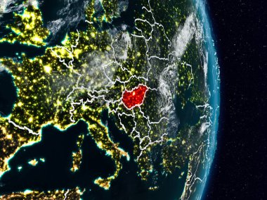 Macaristan Planet Earth görünür ülke sınırları ile gece uzaydan. 3D çizim. Nasa tarafından döşenmiş bu görüntü unsurları.