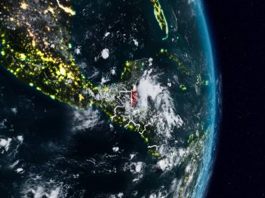 Belize Planet Earth görünür ülke sınırları ile gece uzaydan. 3D çizim. Nasa tarafından döşenmiş bu görüntü unsurları.