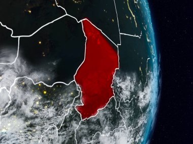 Planet Earth görünür ülke sınırları ile gece uzaydan Chad. 3D çizim. Nasa tarafından döşenmiş bu görüntü unsurları.