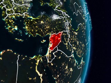 Suriye Planet Earth görünür ülke sınırları ile gece uzaydan. 3D çizim. Nasa tarafından döşenmiş bu görüntü unsurları.