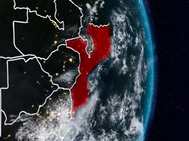 Mozambik Planet Earth görünür ülke sınırları ile gece uzaydan. 3D çizim. Nasa tarafından döşenmiş bu görüntü unsurları.