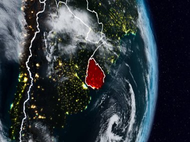 Uruguay Planet Earth görünür ülke sınırları ile gece uzaydan. 3D çizim. Nasa tarafından döşenmiş bu görüntü unsurları.