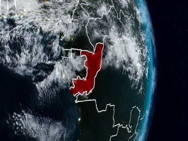 Kongo Planet Earth görünür ülke sınırları ile gece uzaydan. 3D çizim. Nasa tarafından döşenmiş bu görüntü unsurları.