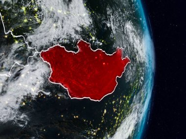 Moğolistan Planet Earth görünür ülke sınırları ile gece uzaydan. 3D çizim. Nasa tarafından döşenmiş bu görüntü unsurları.