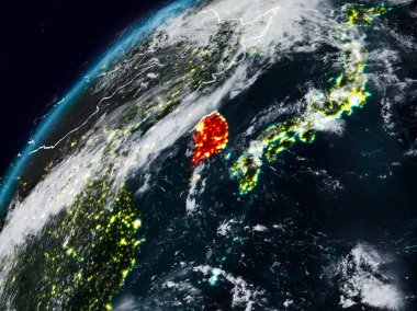 Güney Kore Planet Earth görünür ülke sınırları ile gece. 3D çizim. Nasa tarafından döşenmiş bu görüntü unsurları.