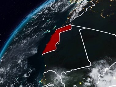 Batı Sahra Planet Earth görünür ülke sınırları ile gece. 3D çizim. Nasa tarafından döşenmiş bu görüntü unsurları.
