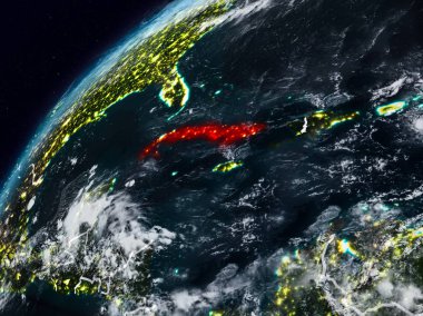 Küba Planet Earth görünür ülke sınırları ile gece. 3D çizim. Nasa tarafından döşenmiş bu görüntü unsurları.