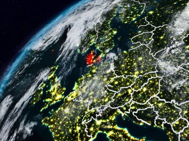 Danimarka Planet Earth görünür ülke sınırları ile gece. 3D çizim. Nasa tarafından döşenmiş bu görüntü unsurları.