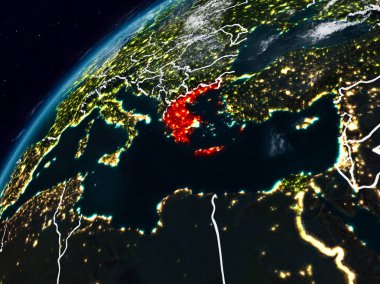 Yunanistan Planet Earth görünür ülke sınırları ile gece. 3D çizim. Nasa tarafından döşenmiş bu görüntü unsurları.
