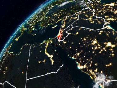 İsrail Planet Earth görünür ülke sınırları ile gece. 3D çizim. Nasa tarafından döşenmiş bu görüntü unsurları.