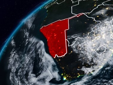 Namibya Planet Earth görünür ülke sınırları ile gece. 3D çizim. Nasa tarafından döşenmiş bu görüntü unsurları.
