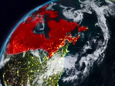 Kanada Planet Earth görünür ülke sınırları ile gece. 3D çizim. Nasa tarafından döşenmiş bu görüntü unsurları.