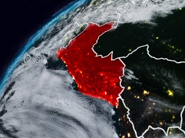 Peru Planet Earth görünür ülke sınırları ile gece. 3D çizim. Nasa tarafından döşenmiş bu görüntü unsurları.