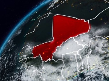 Mali Planet Earth görünür ülke sınırları ile gece. 3D çizim. Nasa tarafından döşenmiş bu görüntü unsurları.