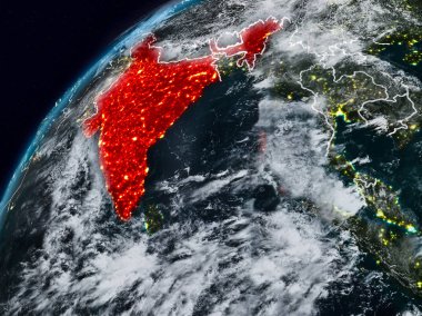 Hindistan Planet Earth görünür ülke sınırları ile gece. 3D çizim. Nasa tarafından döşenmiş bu görüntü unsurları.