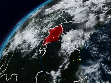 Uganda Planet Earth görünür ülke sınırları ile gece. 3D çizim. Nasa tarafından döşenmiş bu görüntü unsurları.