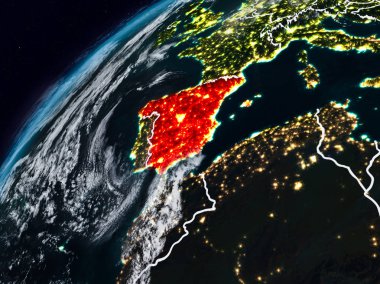İspanya Planet Earth görünür ülke sınırları ile gece. 3D çizim. Nasa tarafından döşenmiş bu görüntü unsurları.