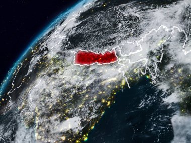 Nepal Planet Earth görünür ülke sınırları ile gece. 3D çizim. Nasa tarafından döşenmiş bu görüntü unsurları.