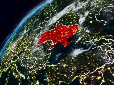 Ukrayna Planet Earth görünür ülke sınırları ile gece. 3D çizim. Nasa tarafından döşenmiş bu görüntü unsurları.