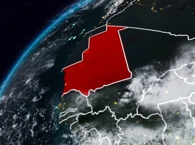Moritanya Planet Earth görünür ülke sınırları ile gece. 3D çizim. Nasa tarafından döşenmiş bu görüntü unsurları.