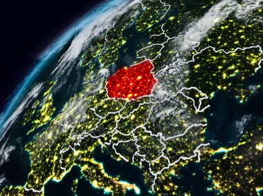 Polonya Planet Earth görünür ülke sınırları ile gece. 3D çizim. Nasa tarafından döşenmiş bu görüntü unsurları.