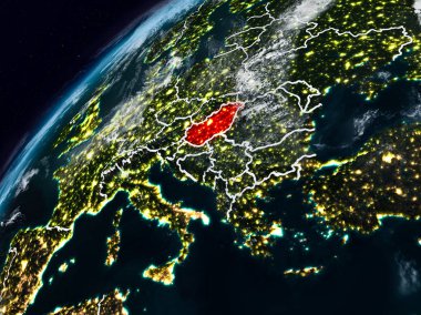 Macaristan Planet Earth görünür ülke sınırları ile gece. 3D çizim. Nasa tarafından döşenmiş bu görüntü unsurları.