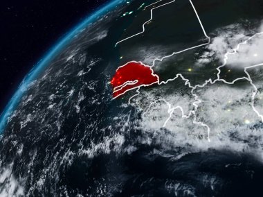 Senegal Planet Earth görünür ülke sınırları ile gece. 3D çizim. Nasa tarafından döşenmiş bu görüntü unsurları.