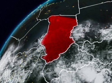 Chad Planet Earth görünür ülke sınırları ile gece. 3D çizim. Nasa tarafından döşenmiş bu görüntü unsurları.