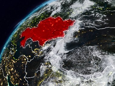 Kazakistan Planet Earth görünür ülke sınırları ile gece. 3D çizim. Nasa tarafından döşenmiş bu görüntü unsurları.