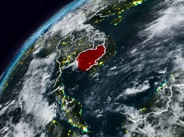 Kamboçya Planet Earth görünür ülke sınırları ile gece. 3D çizim. Nasa tarafından döşenmiş bu görüntü unsurları.