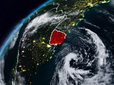 Uruguay Planet Earth görünür ülke sınırları ile gece. 3D çizim. Nasa tarafından döşenmiş bu görüntü unsurları.