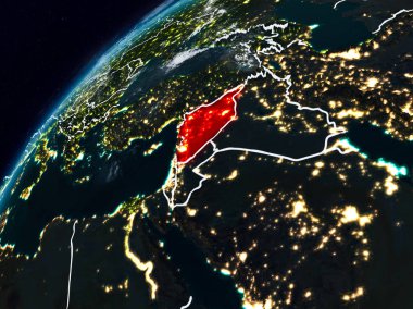 Suriye Planet Earth görünür ülke sınırları ile gece. 3D çizim. Nasa tarafından döşenmiş bu görüntü unsurları.