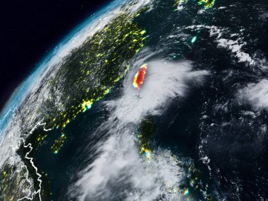 Tayvan Planet Earth görünür ülke sınırları ile gece. 3D çizim. Nasa tarafından döşenmiş bu görüntü unsurları.