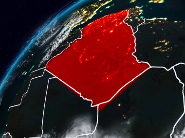 Cezayir Planet Earth görünür ülke sınırları ile gece. 3D çizim. Nasa tarafından döşenmiş bu görüntü unsurları.