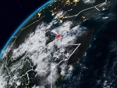 Cibuti Planet Earth görünür ülke sınırları ile gece. 3D çizim. Nasa tarafından döşenmiş bu görüntü unsurları.